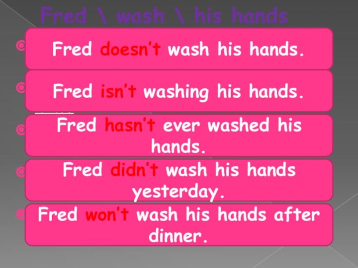 Fred \ wash \ his handsPr.S. Fred always washes his hands before