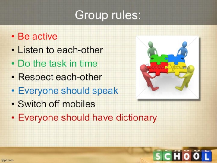 Group rules:Be activeListen to each-otherDo the task in timeRespect each-otherEveryone should speakSwitch