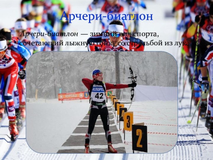Арчери-биатлон — зимний вид спорта, сочетающий лыжную гонку со стрельбой из лука.Арчери-биатлон