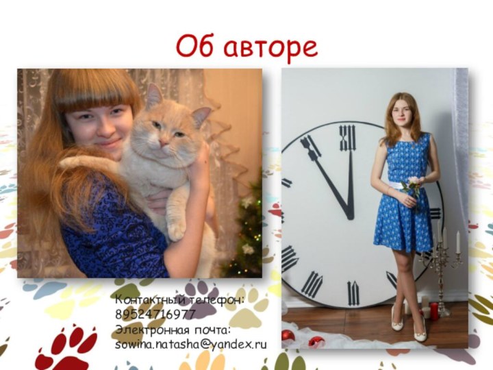 Об автореКонтактный телефон: 89524716977 Электронная почта: sowina.natasha@yandex.ru