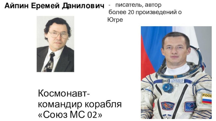 Космонавт- командир корабля «Союз МС 02»писатель, автор более 20 произведений о Югре