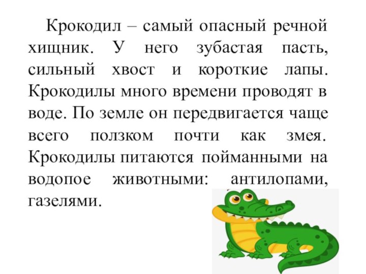 Крокодил – самый опасный речной хищник. У него зубастая пасть, сильный хвост