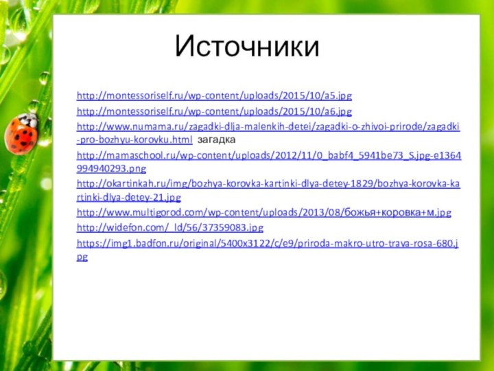 Источникиhttp://montessoriself.ru/wp-content/uploads/2015/10/a5.jpghttp://montessoriself.ru/wp-content/uploads/2015/10/a6.jpghttp://www.numama.ru/zagadki-dlja-malenkih-detei/zagadki-o-zhivoi-prirode/zagadki-pro-bozhyu-korovku.html загадкаhttp://mamaschool.ru/wp-content/uploads/2012/11/0_babf4_5941be73_S.jpg-e1364994940293.pnghttp://okartinkah.ru/img/bozhya-korovka-kartinki-dlya-detey-1829/bozhya-korovka-kartinki-dlya-detey-21.jpghttp://www.multigorod.com/wp-content/uploads/2013/08/божья+коровка+м.jpghttp://widefon.com/_ld/56/37359083.jpghttps://img1.badfon.ru/original/5400x3122/c/e9/priroda-makro-utro-trava-rosa-680.jpg