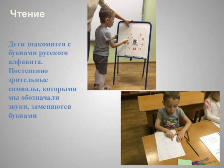 ЧтениеДети знакомятся с буквами русского алфавита. Постепенно зрительные символы, которыми мы обозначали звуки, заменяются буквами