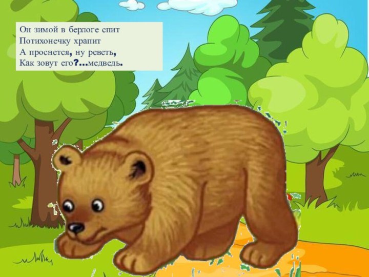 Он зимой в берлоге спитПотихонечку храпитА проснется, ну реветь,Как зовут его?…медведь.