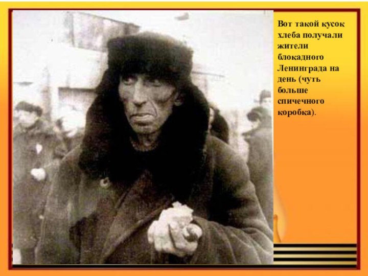 Вот такой кусок хлеба получали жители блокадного Ленинграда на день (чуть больше спичечного коробка).