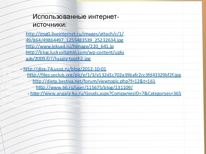 Яблоко - http://diza-74.ucoz.ru/blog/2012-10-01 6. Овощи http://files.seclub.org/pic/e/1/3/e132d1c702a39bafc2cc3fd43329bf2f.jpg 7.Помидор - http://dieta.bestiya.net/forum/viewtopic.php?f=12&t=1618.Картофель - http://www.66.ru/user/115675/blog/131109/9.Морковь -