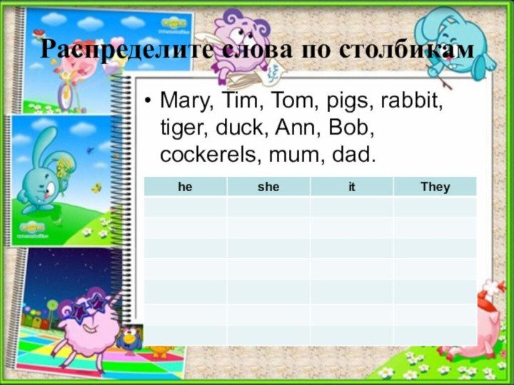 Распределите слова по столбикамMary, Tim, Tom, pigs, rabbit, tiger, duck, Ann, Bob, cockerels, mum, dad.