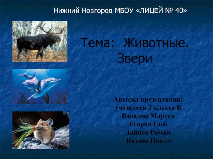 Тема: Животные.  Звери Авторы презентации:учащиеся 2 класса БВдовина Маруся Егоров ГлебЗайцев
