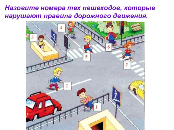 Назовите номера тех пешеходов, которые нарушают правила дорожного движения.