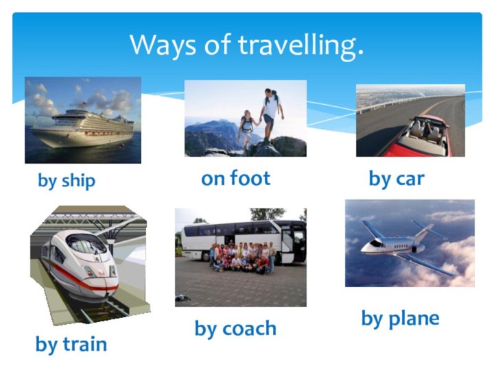Ways of travelling.by shipon footby carby coachby plane by train