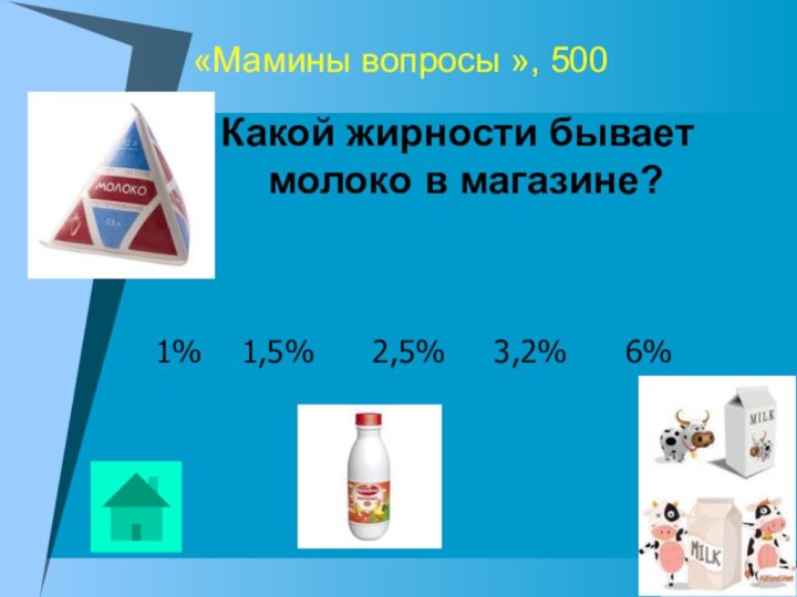 «Мамины вопросы », 500 Какой жирности бывает молоко в магазине?1%  1,5%