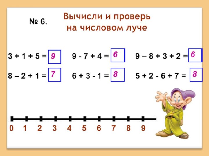 Вычисли и проверь на числовом луче5 + 2 - 6 + 7