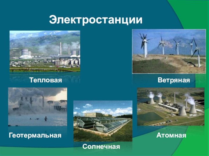 ЭлектростанцииАтомнаяТепловаяСолнечная ВетрянаяГеотермальная