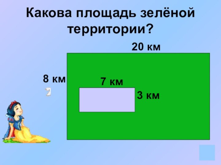 Какова площадь зелёной территории?8 км20 км3 км7 км