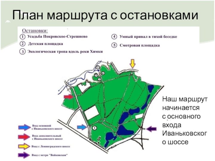 План маршрута с остановкамиНаш маршрут начинаетсяс основного входа Иваньковского шоссе