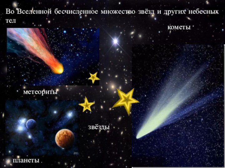 Во Вселенной бесчисленное множество звёзд и других небесных тел        кометы     метеориты  планеты звёзды  