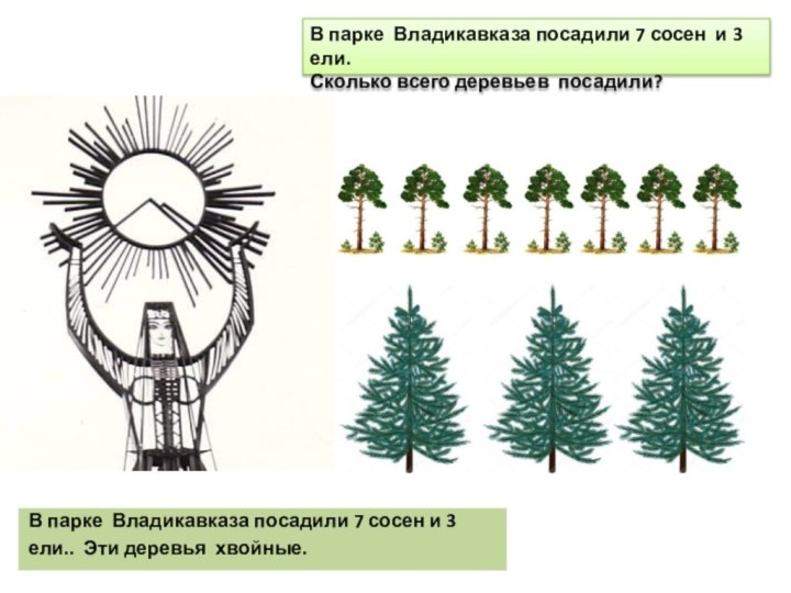 В парке Владикавказа посадили 7 сосен и 3 ели. Сколько всего деревьев посадили?