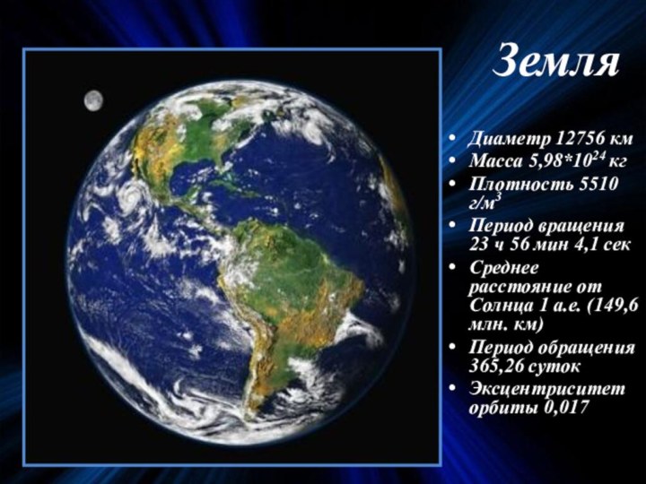ЗемляДиаметр 12756 кмМасса 5,98*1024 кгПлотность 5510 г/м3Период вращения 23 ч 56 мин