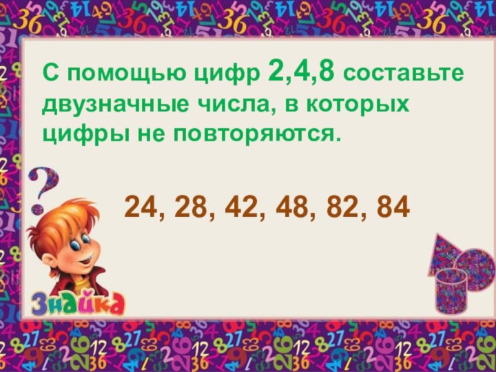 С помощью цифр 2,4,8 составьте двузначные числа, в которых цифры не повторяются.24,