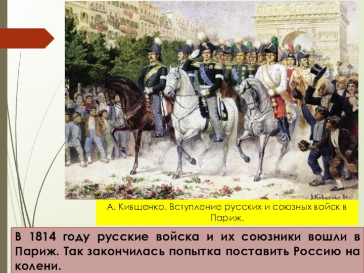 А. Кившенко. Вступление русских и союзных войск в Париж.В 1814 году русские
