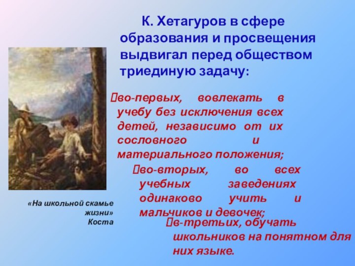 К. Хетагуров в сфере образования и просвещения выдвигал