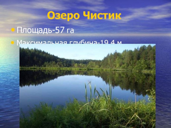 Озеро ЧистикПлощадь-57 гаМаксимальная глубина-19,4 м