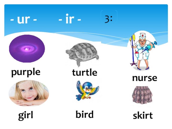 - ur -    - ir -3:purpleturtlenursegirlbirdskirt