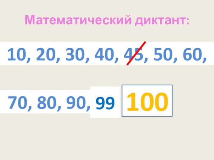 Математический диктант:10, 20, 30, 40, 45, 50, 60,70, 80, 90, 10099