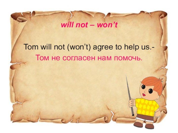 will not – won’tTom will not (won’t) agree to help us.-Том не согласен нам помочь.