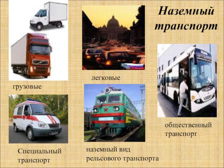 Наземный транспорт грузовыелегковыеобщественный транспорт Специальный транспортназемный вид рельсового транспорта
