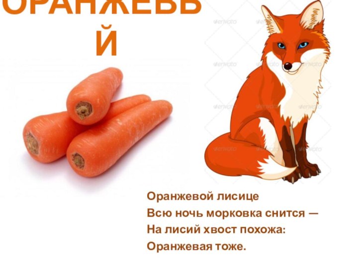 ОРАНЖЕВЫЙОранжевой лисицеВсю ночь морковка снится —На лисий хвост похожа:Оранжевая тоже.