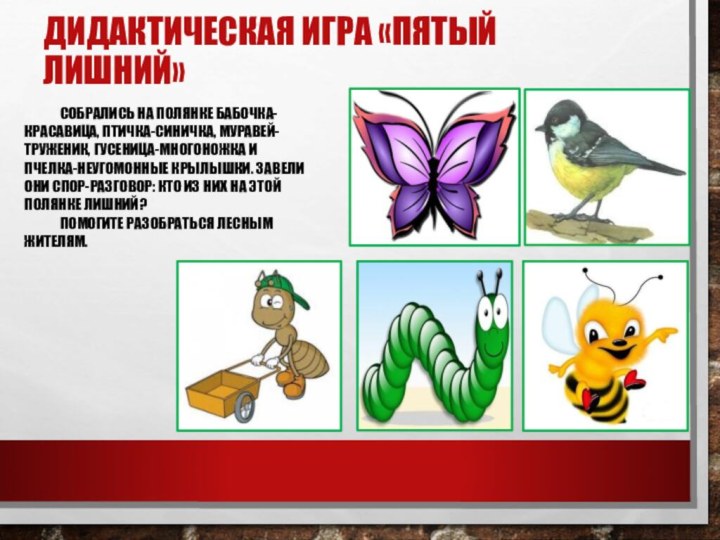 Дидактическая игра «Пятый лишний»Собрались на полянке бабочка-красавица, птичка-синичка, муравей-труженик, гусеница-многоножка и