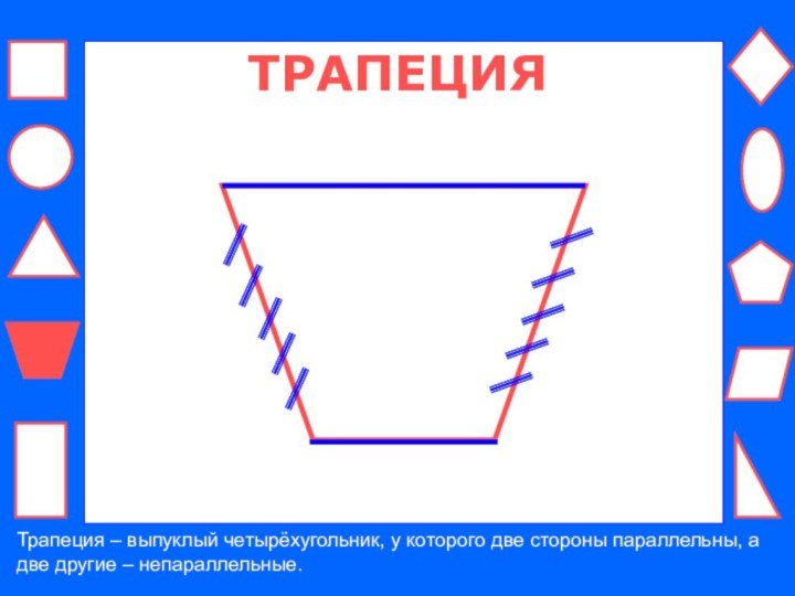 ТРАПЕЦИЯТрапеция – выпуклый четырёхугольник, у которого две стороны параллельны, а две другие – непараллельные.