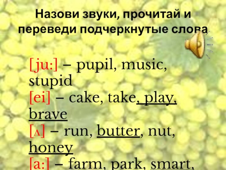 Назови звуки, прочитай и переведи подчеркнутые слова[ju:] – pupil, music, stupid[ei] –