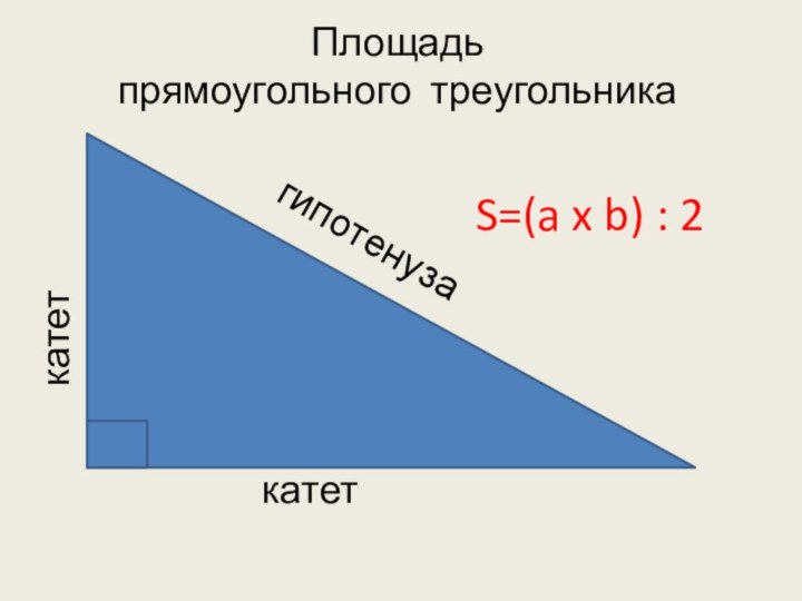 катеткатетгипотенузаПлощадь прямоугольного треугольникаS=(a x b) : 2