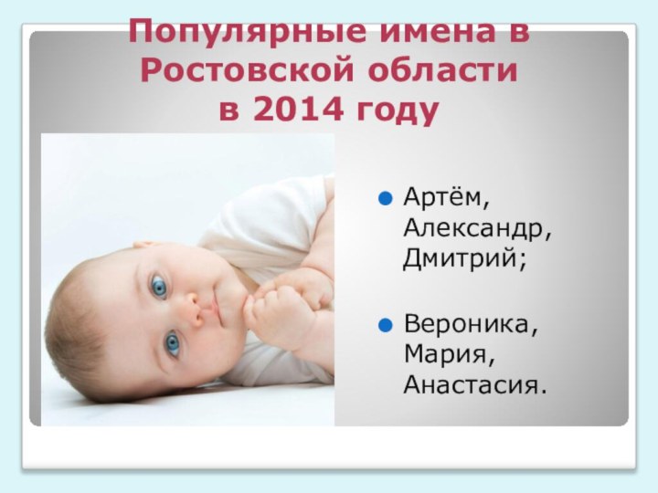 Популярные имена в Ростовской области  в 2014 годуАртём, Александр, Дмитрий; Вероника, Мария, Анастасия.