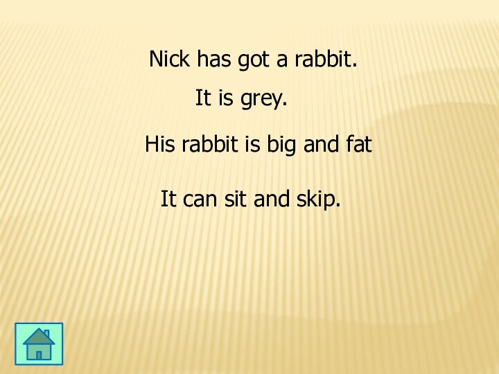 Nick has got a rabbit.It is grey. His rabbit is big and