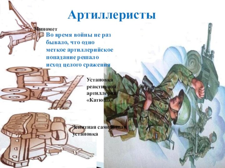 АртиллеристыМинометУстановка реактивной артиллерии «Катюша»Зенитная самоходная установкаВо время войны не раз бывало, что