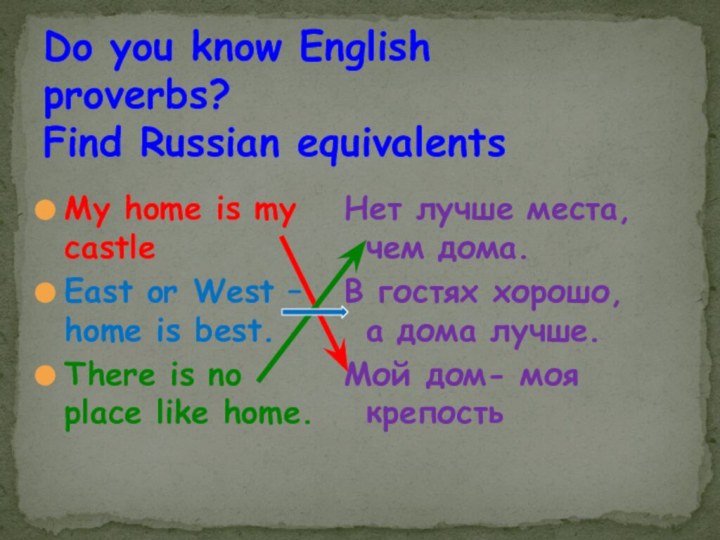 Do you know English proverbs? Find Russian equivalents My home is