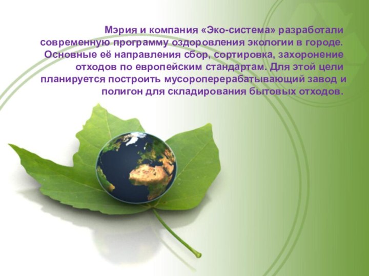 Мэрия и компания «Эко-система» разработали современную программу оздоровления экологии в городе.