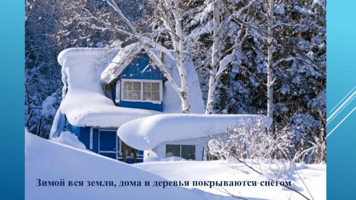Зимой вся земля, дома и деревья покрываются снегом.