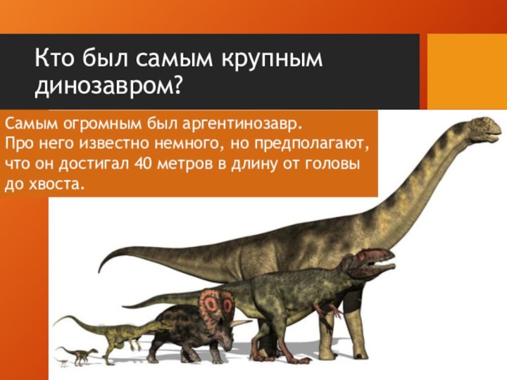 Кто был самым крупным динозавром?Самым огромным был аргентинозавр. Про него известно немного,
