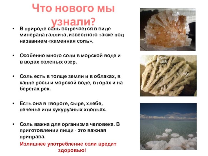 Что нового мы узнали?В природе соль встречается в виде минерала галлита, известного