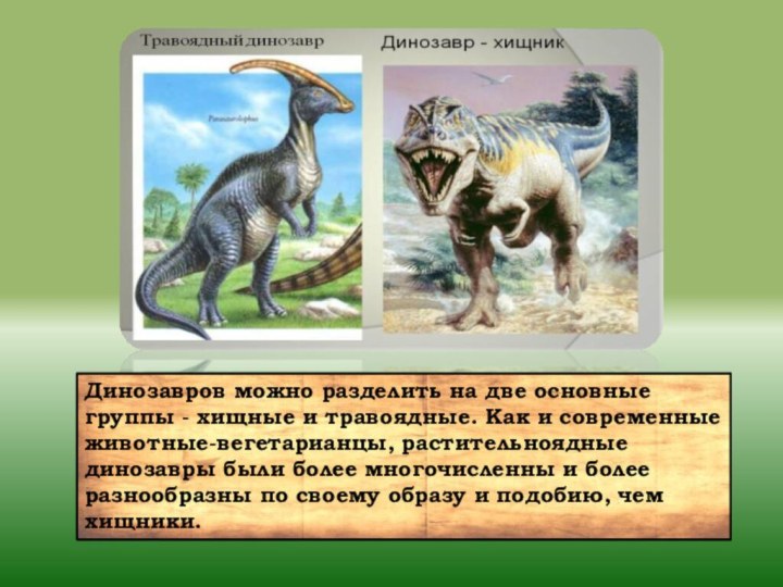 Динозавров можно разделить на две основные группы - хищные и травоядные. Как