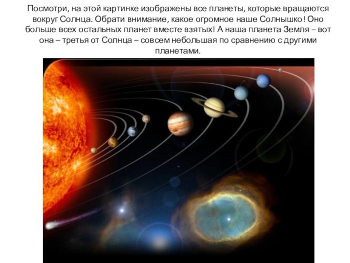 Посмотри, на этой картинке изображены все планеты, которые вращаются вокруг Солнца.