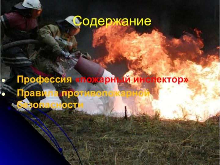 СодержаниеПрофессия «пожарный инспектор»Правила противопожарной безопасности
