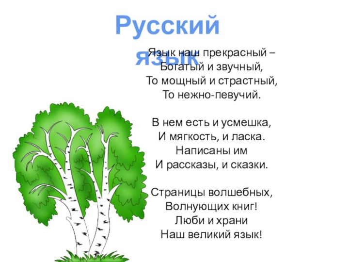 Русский языкЯзык наш прекрасный –Богатый и звучный,То мощный и страстный,То нежно-певучий.В нем