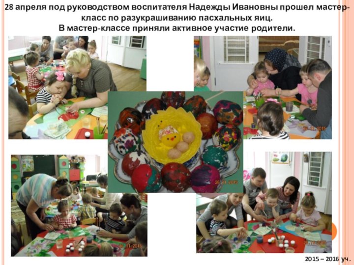 28 апреля под руководством воспитателя Надежды Ивановны прошел мастер-класс по разукрашиванию пасхальных