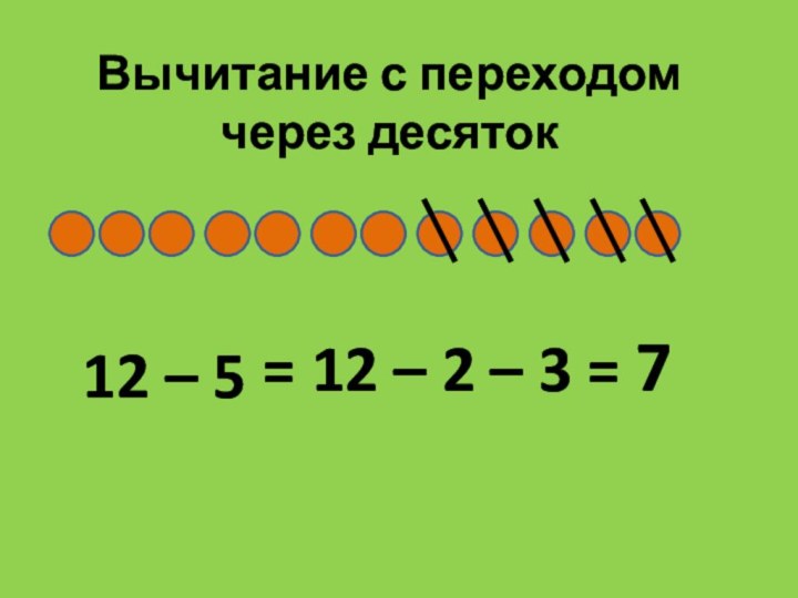 Вычитание с переходом через десяток12 – 5 = 12 – 2 – 3 = 7